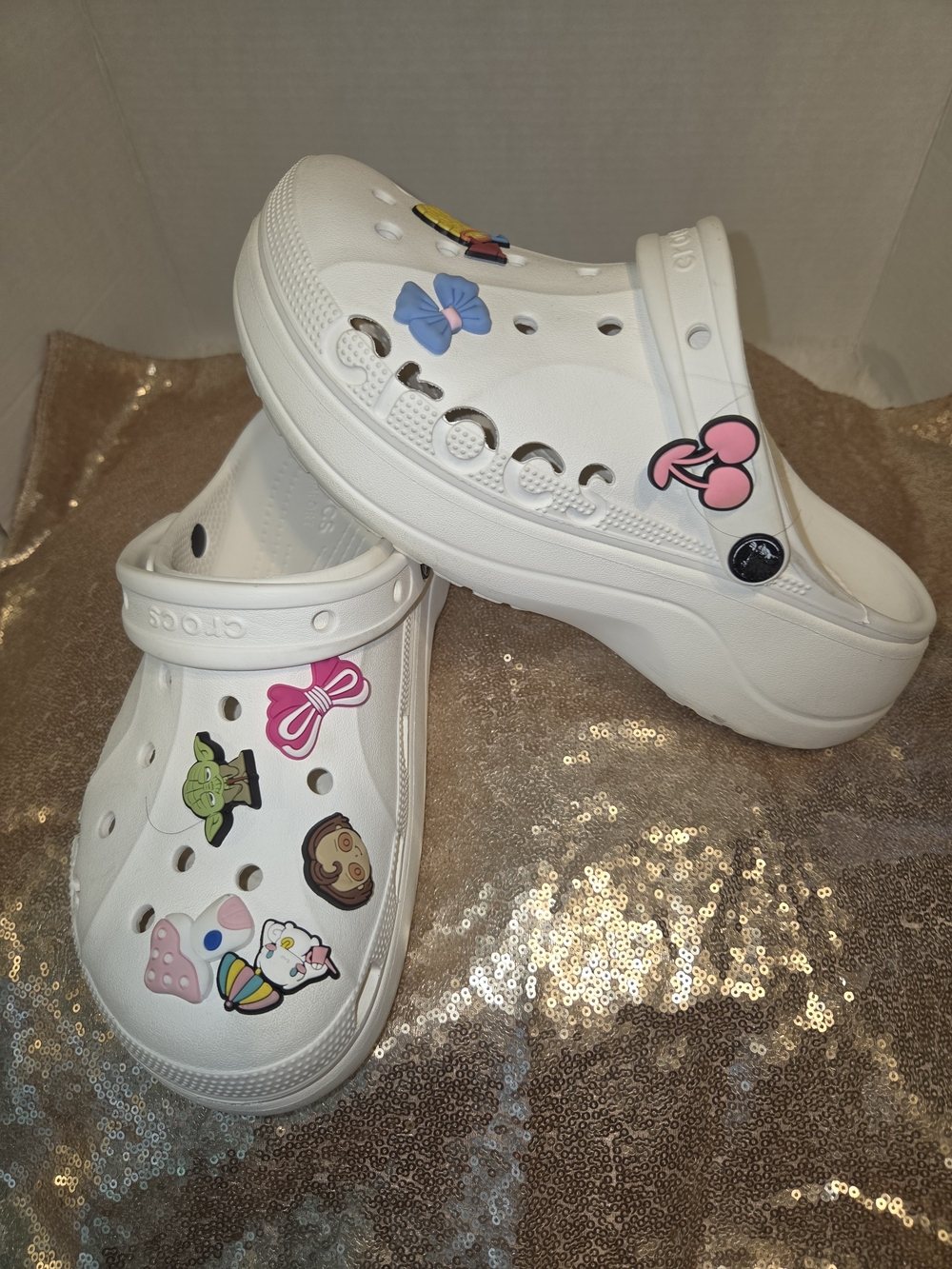CROCS White Platform Sandals with Colorful Removable Charms